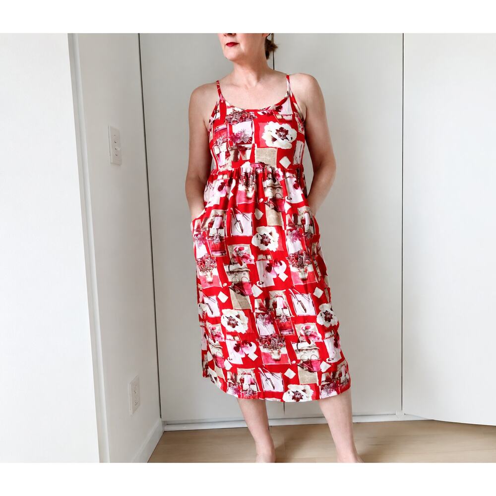 Vintage 90s Floral Dress Red White Size Small Pockets Cottage/gardencore